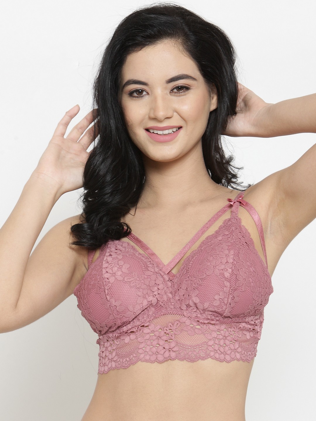 

Laceandme Pink Lace Non-Wired Lightly Padded Bralette Bra 3008