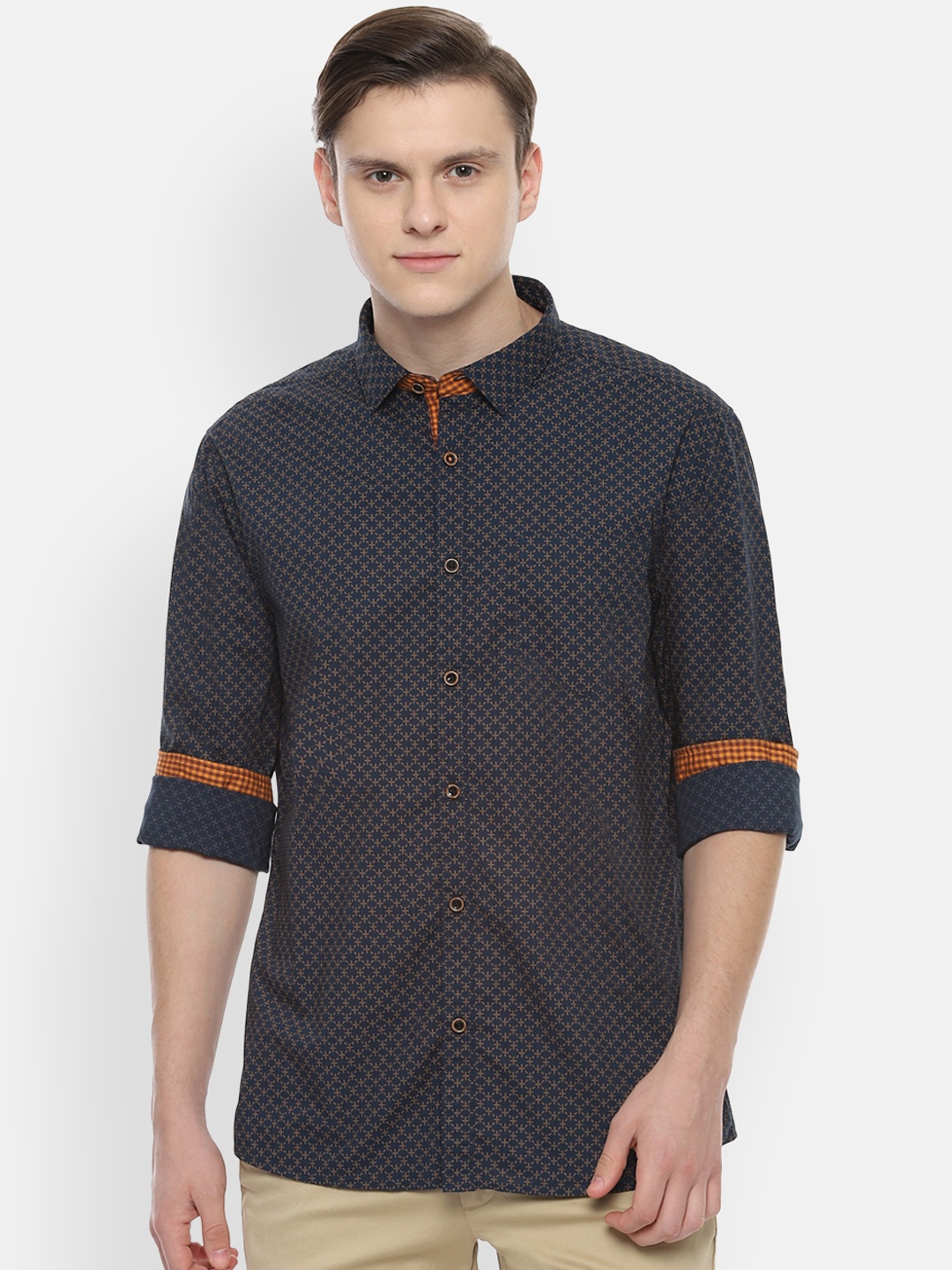 

People Men Navy Blue Regular Fit Printed Casual Shirt