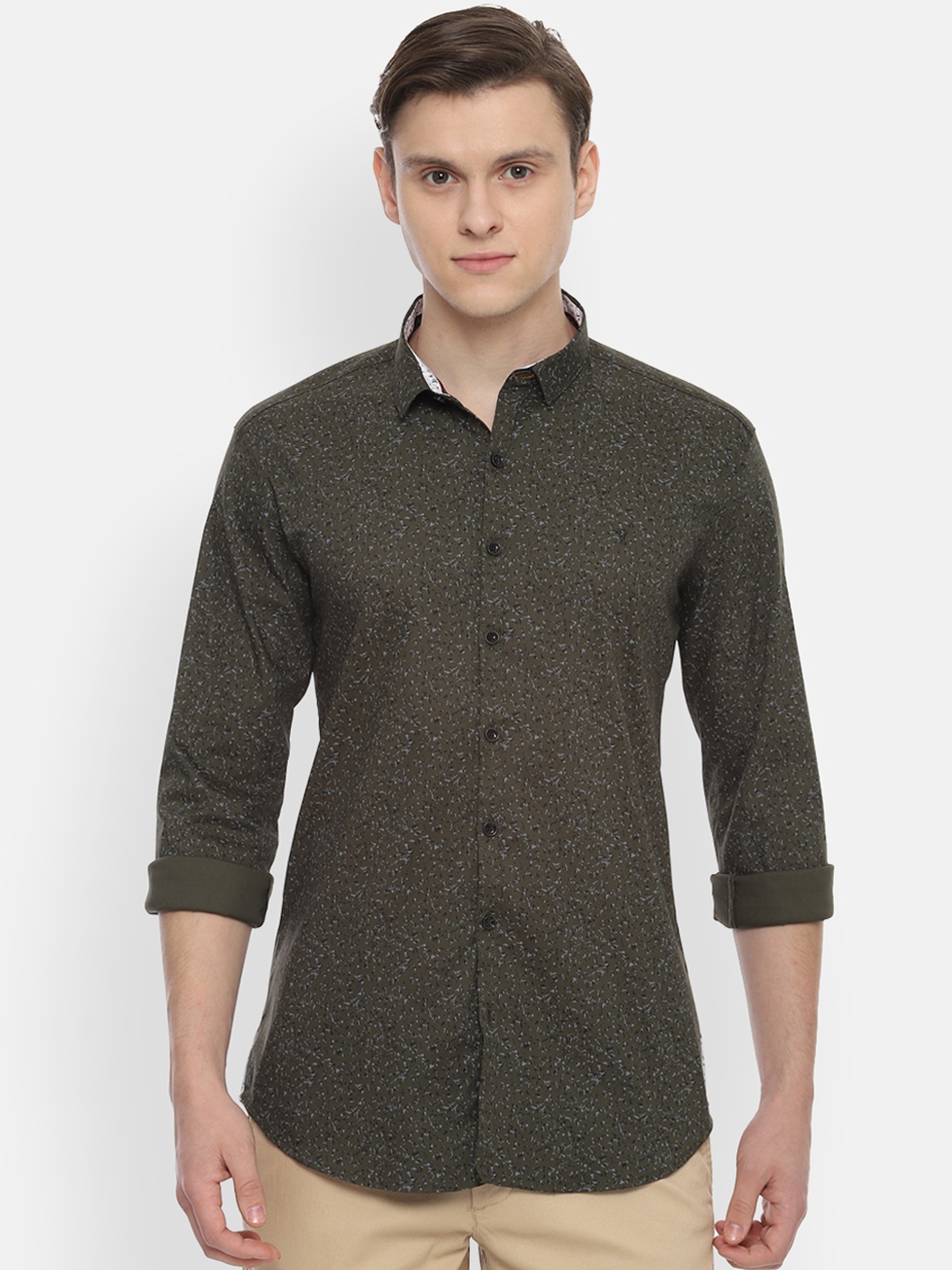 V Dot Men Olive Green Skinny Fit Printed Casual Shirt