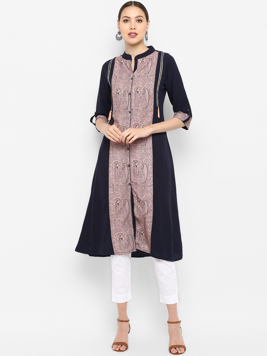 

Janasya Women Blue & Mauve Kalamkari Printed A-Line Kurta