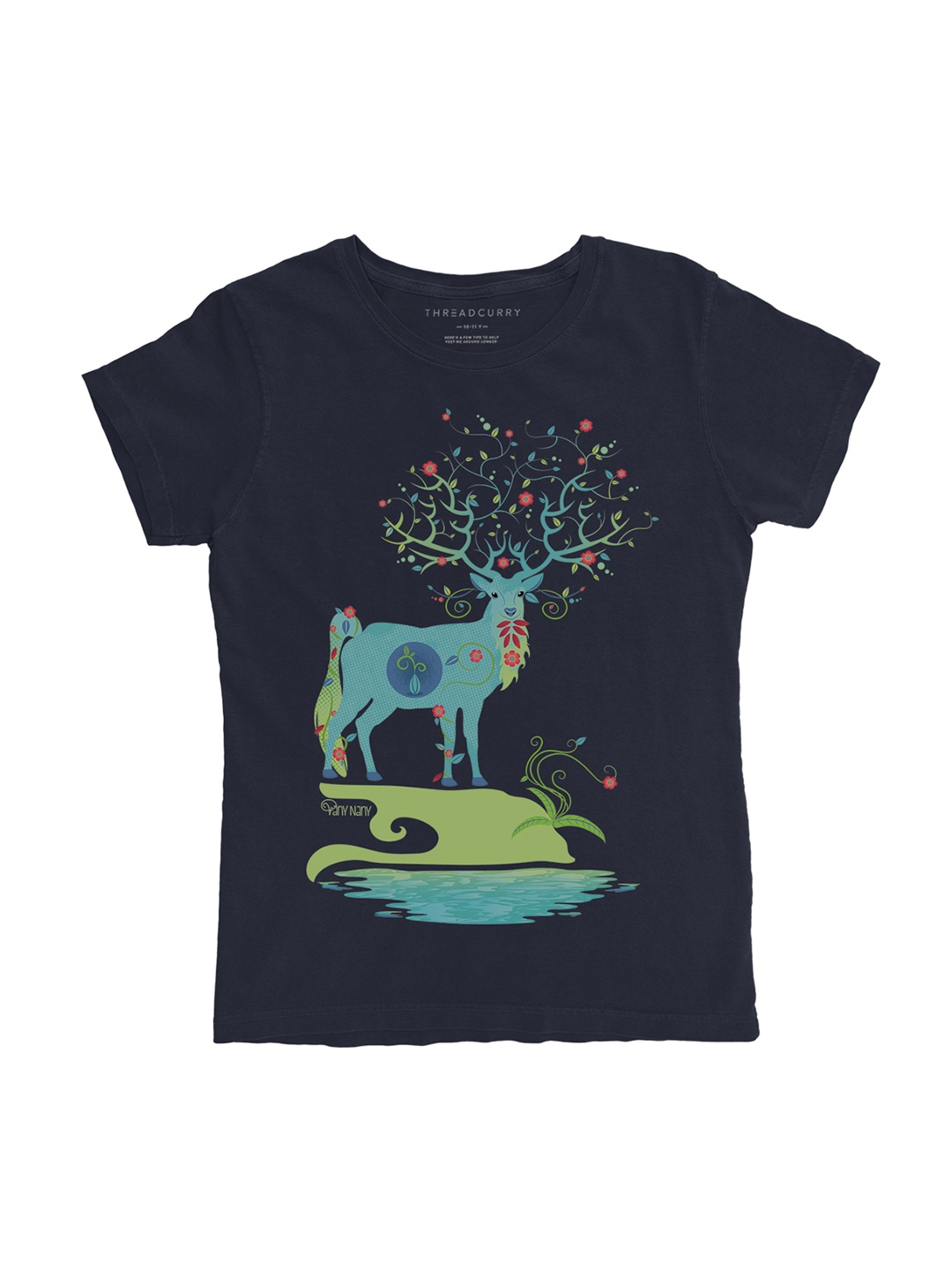 

THREADCURRY Girls Navy Blue Printed Round Neck T-shirt