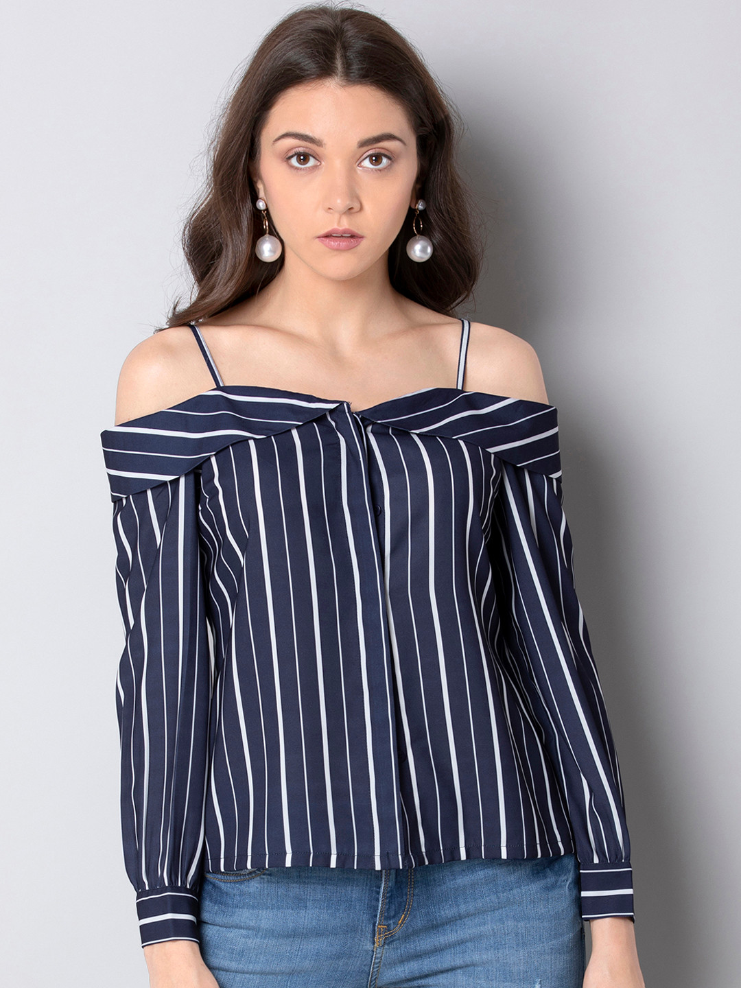 

FabAlley Women Blue Striped Shirt Style Top