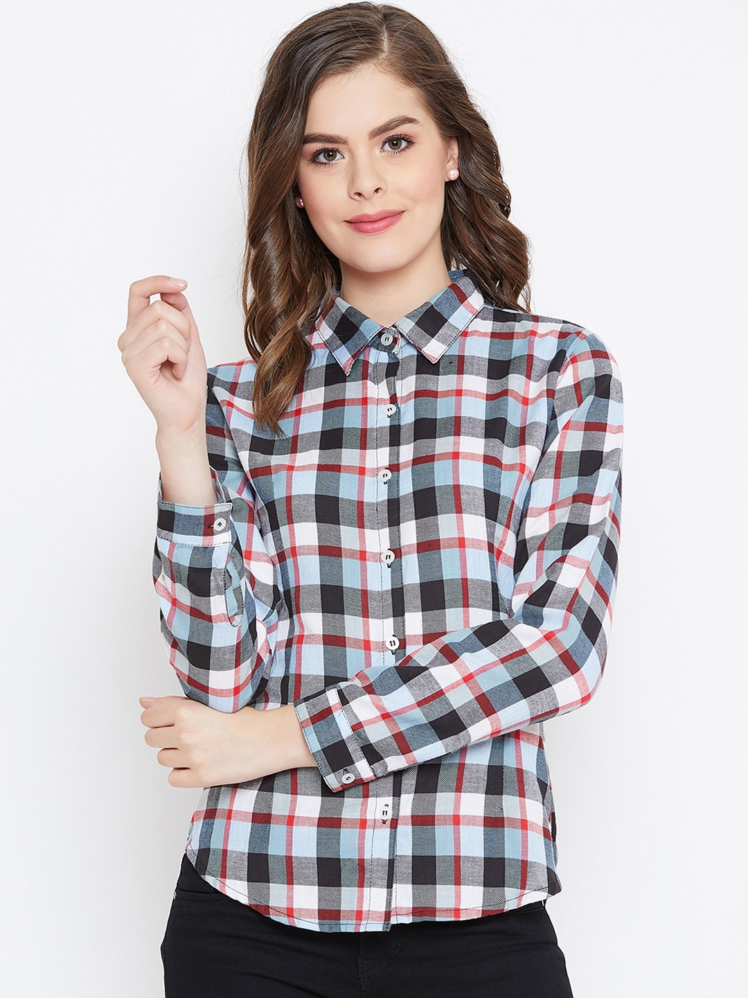 

PURYS Women Blue & White Regular Fit Checked Casual Shirt