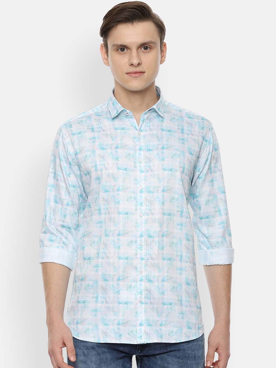 

V Dot Men Turquoise Blue Slim Fit Printed Casual Shirt