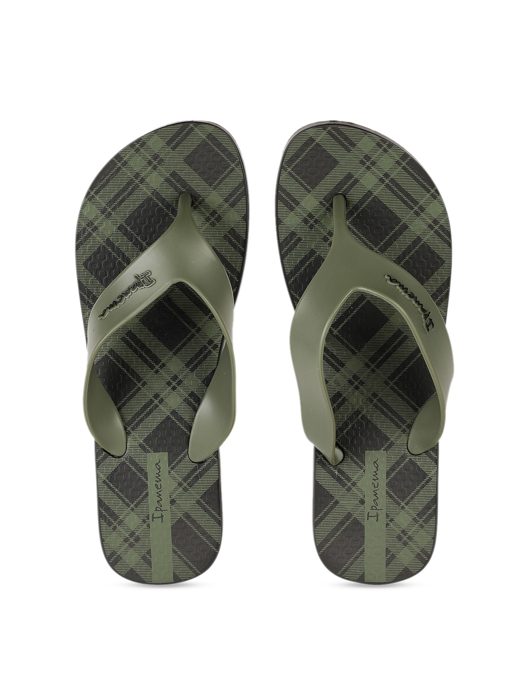 

iPanema Men Olive Green & Black Checked Thong Flip-Flops