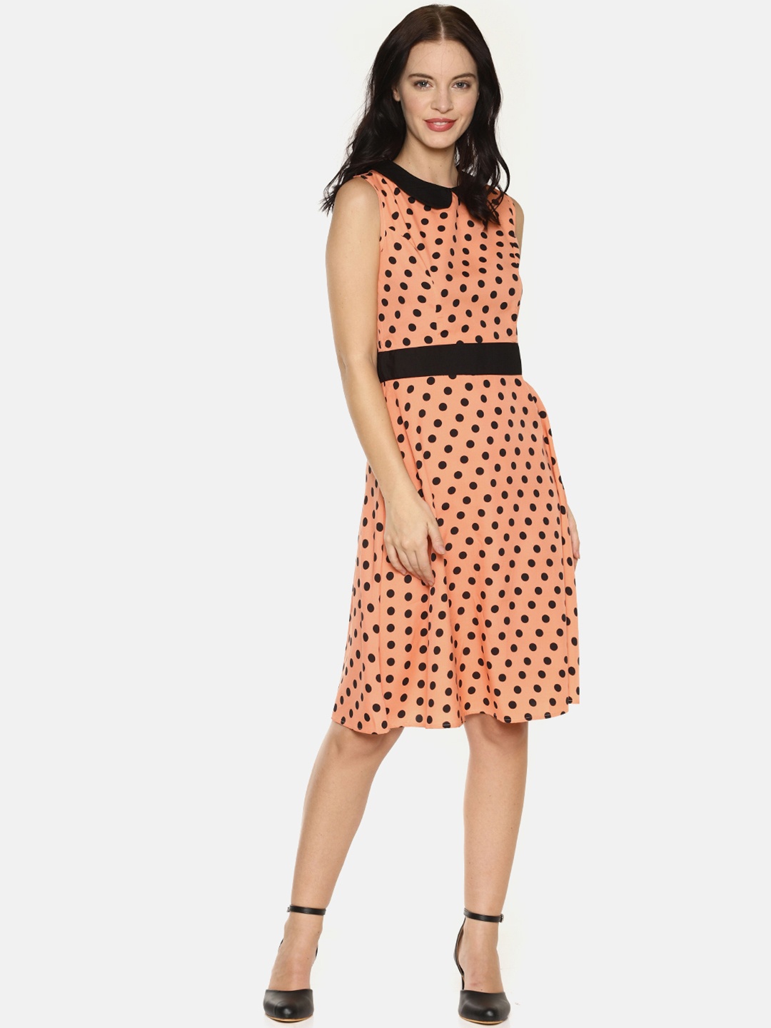 

AARA Women Peach-Coloured & Black Polka Dot Print Fit and Flare Dress