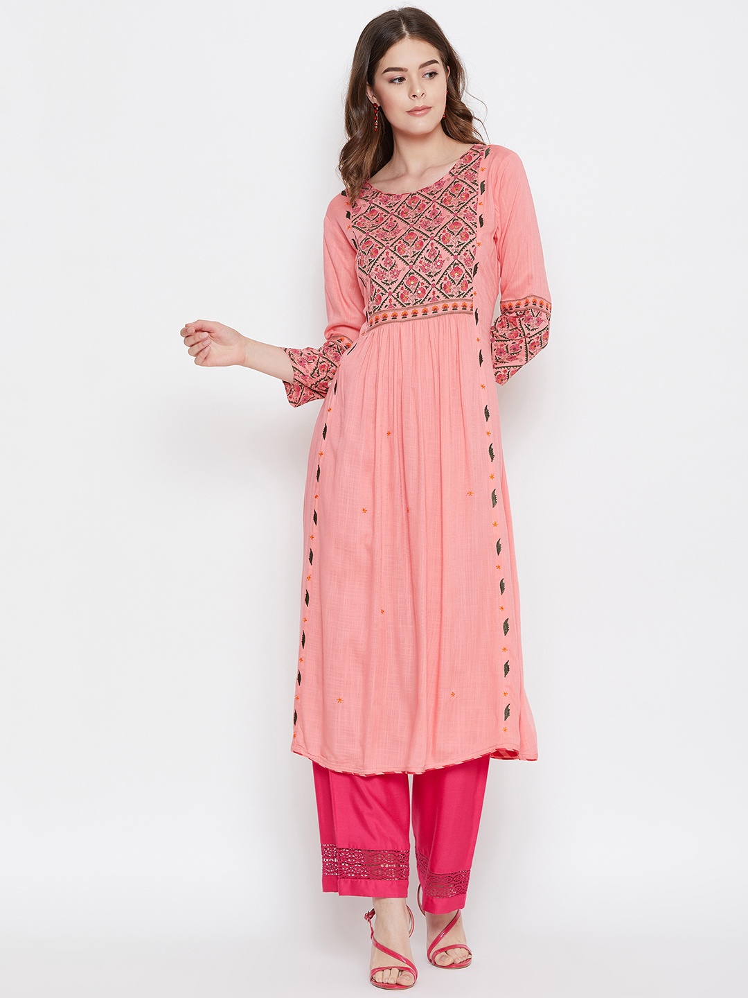 

Prakhya Women Pink Yoke Design Rayon A-Line Kurta With Gathered Waist