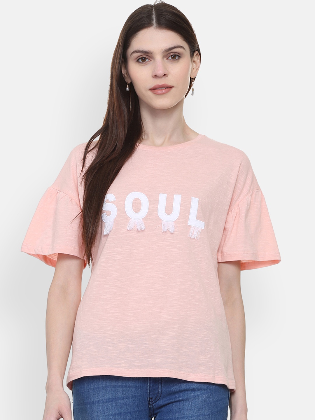 

People Women Pink Printed Round Neck Pure Cotton T-shirt