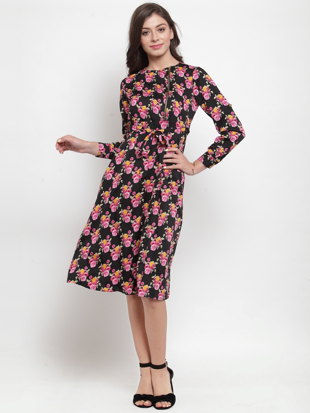 Purple State Women Black and Pink Floral Printed A-Line Dress