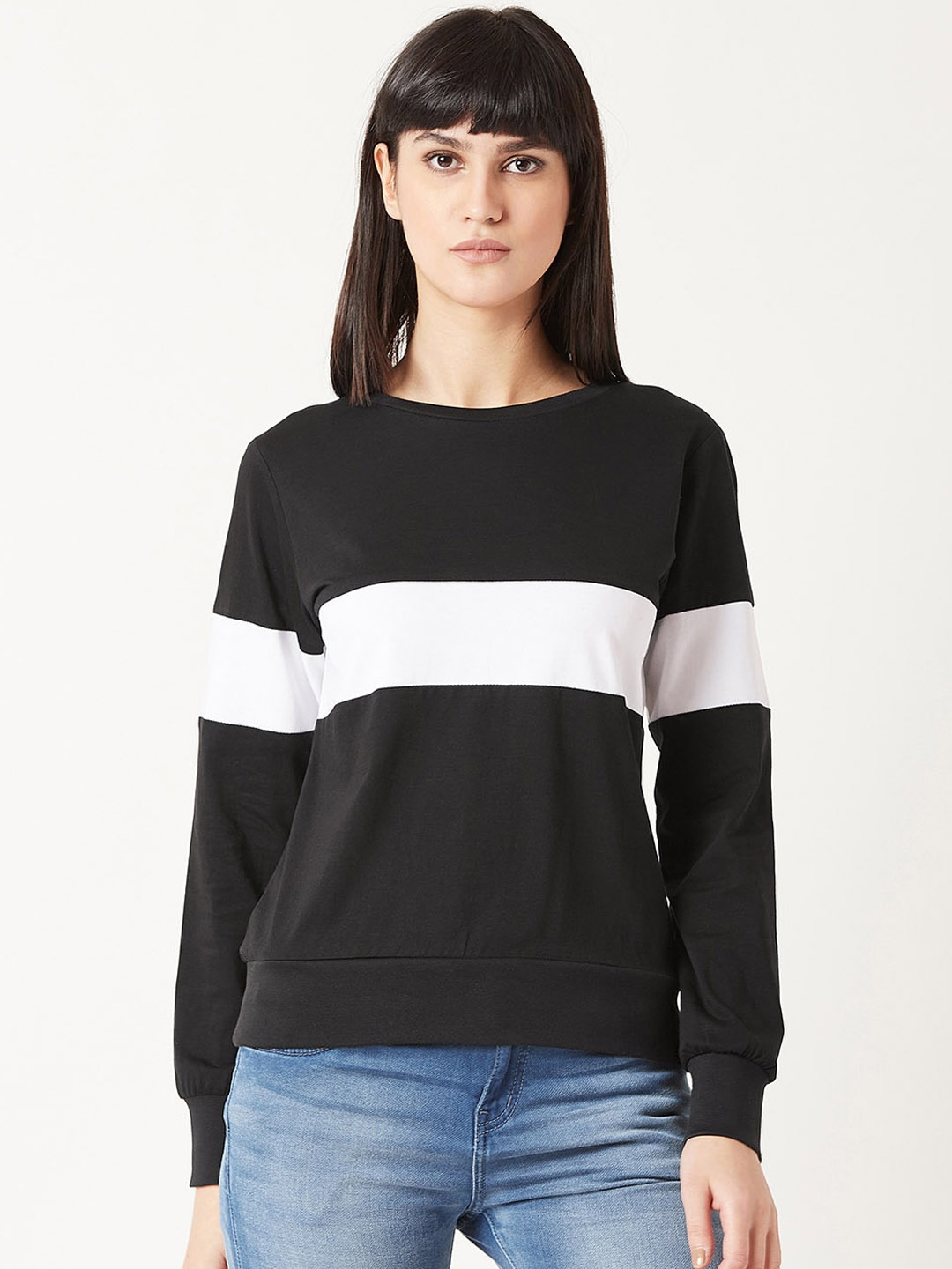 

Miss Chase Women Black & White Colourblocked Sweatshirt