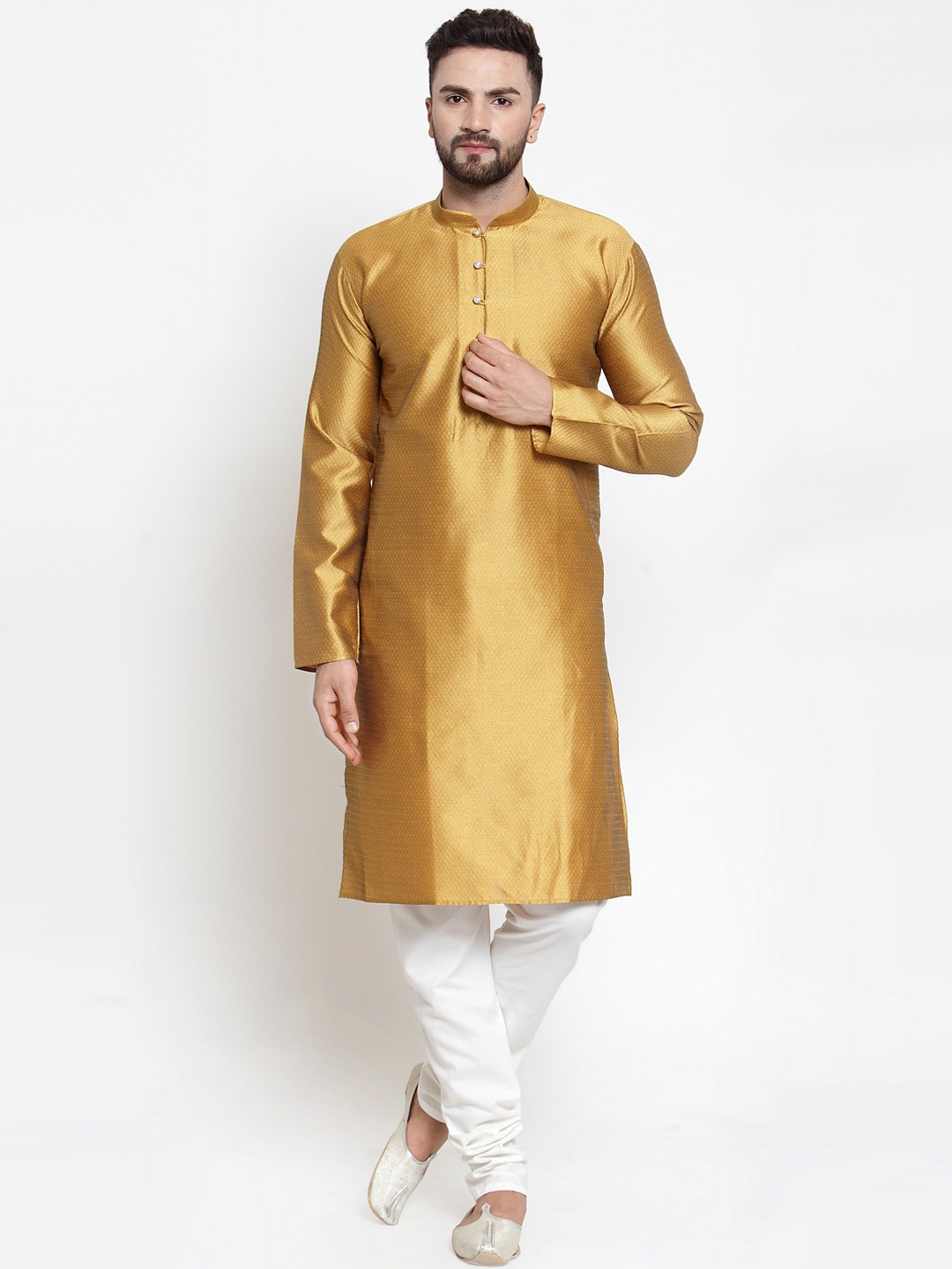 Jompers Men Mustard Yellow & White Self Design Kurta with Churidar