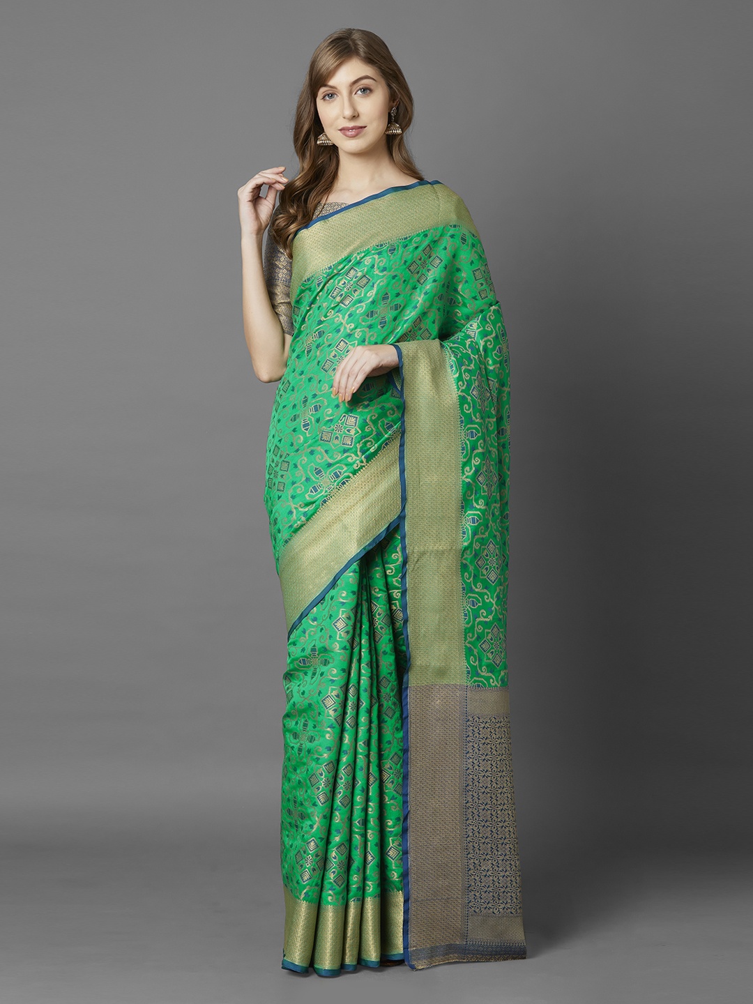 

Mitera Green Silk Blend Printed Banarasi Saree