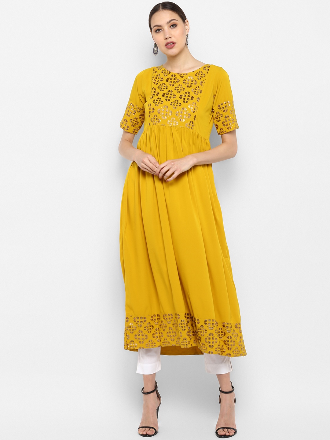 

Janasya Women Mustard Yellow Foil Printed A-Line Kurta