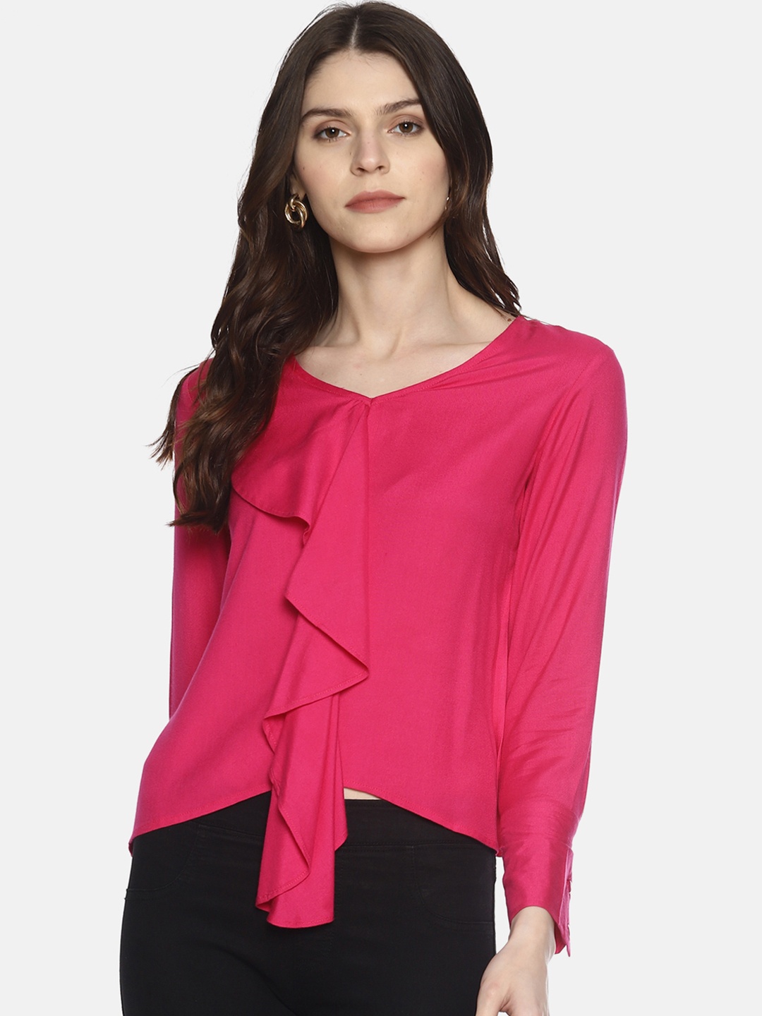 

AARA Women Pink Solid High-Low Top