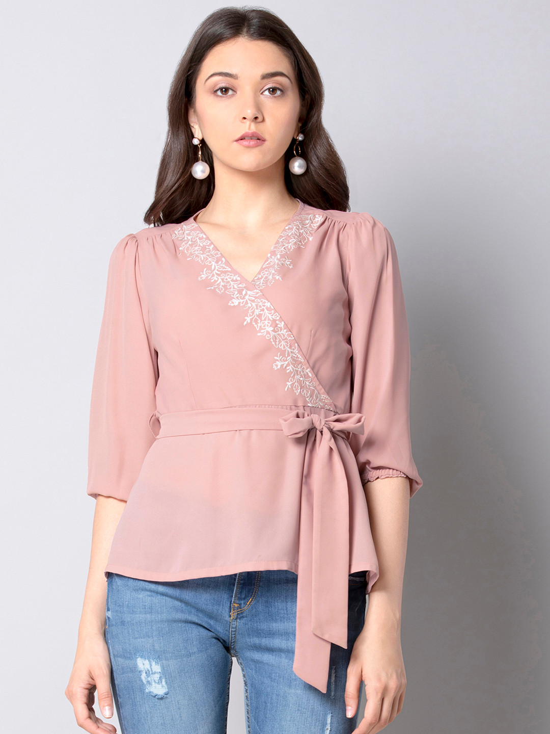 

FabAlley Women Pink Self Design Cinched Waist Top