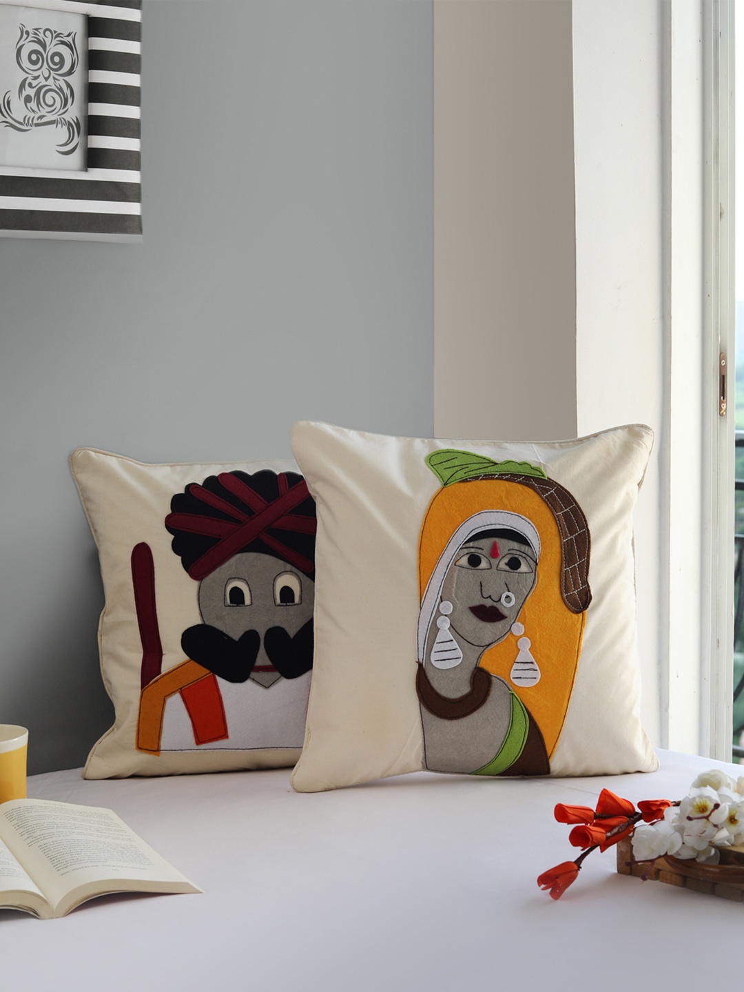 

VarEesha White & Grey Set of 2 Village Couple Patch Work Square Cushion Covers