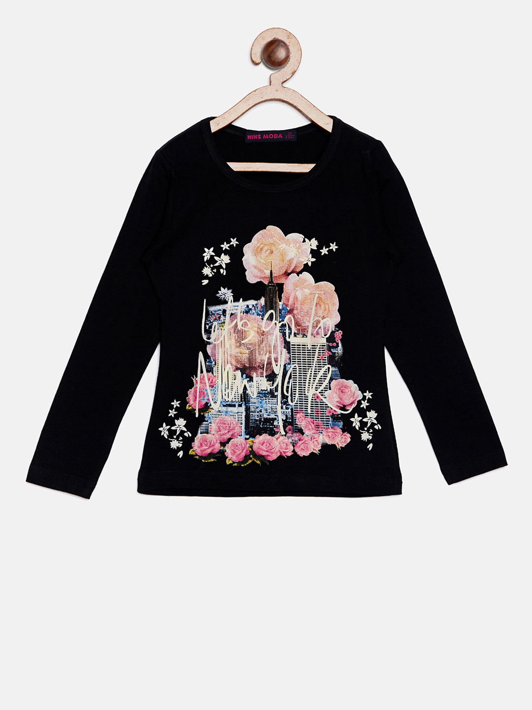 

Nins Moda Girls Black Printed Round Neck T-shirt