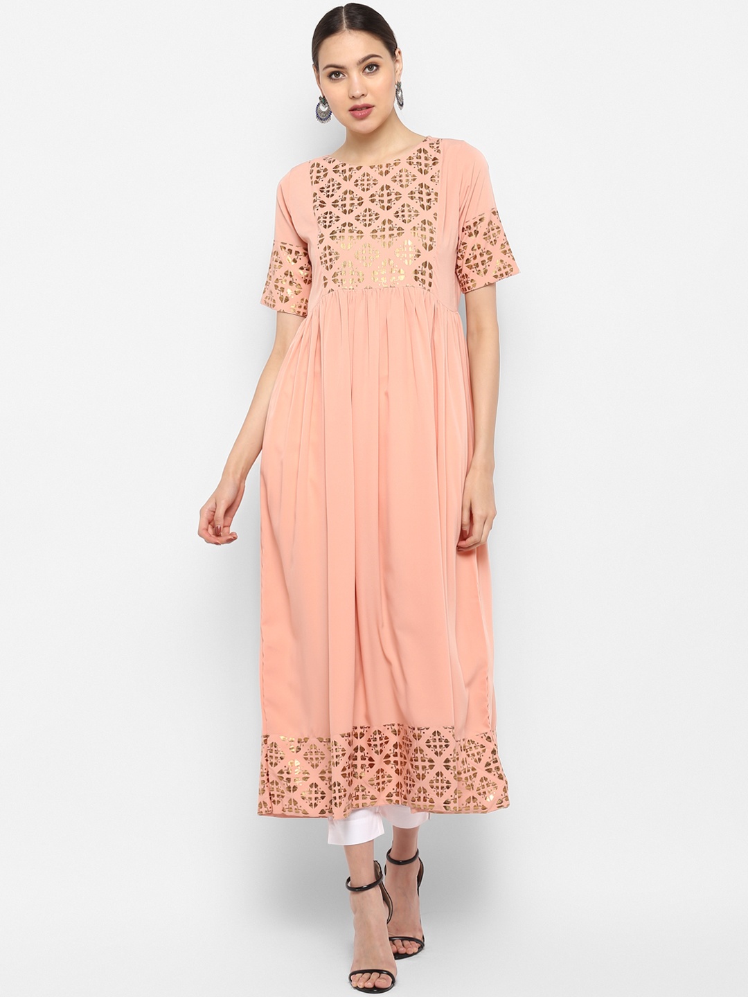 

Janasya Women Peach-Coloured Foil Printed A-Line Kurta