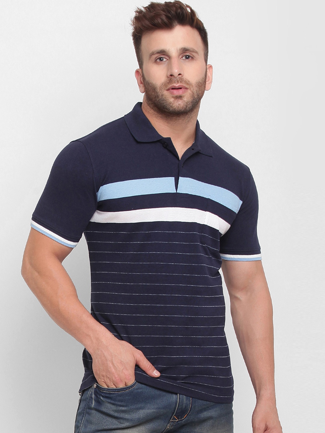 

BULLMER Men Navy Blue & White Striped Polo Collar T-shirt