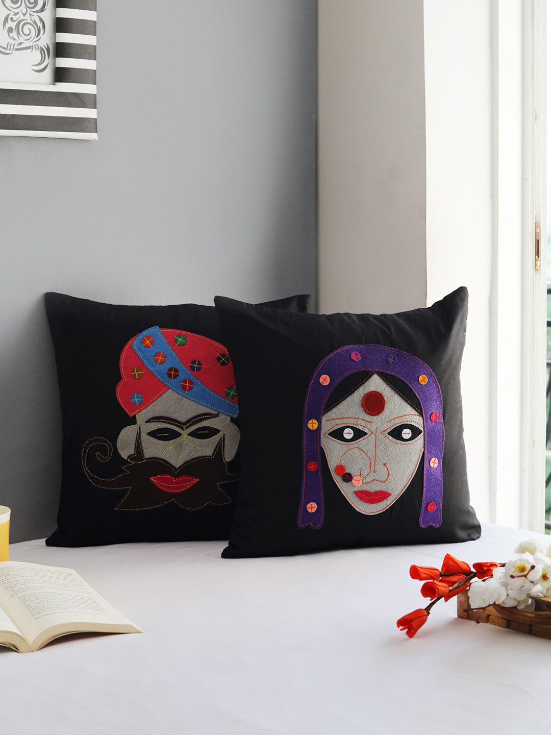 

VarEesha Black & Grey Set of 2 Village Couple Patchwork Square Cushion Covers