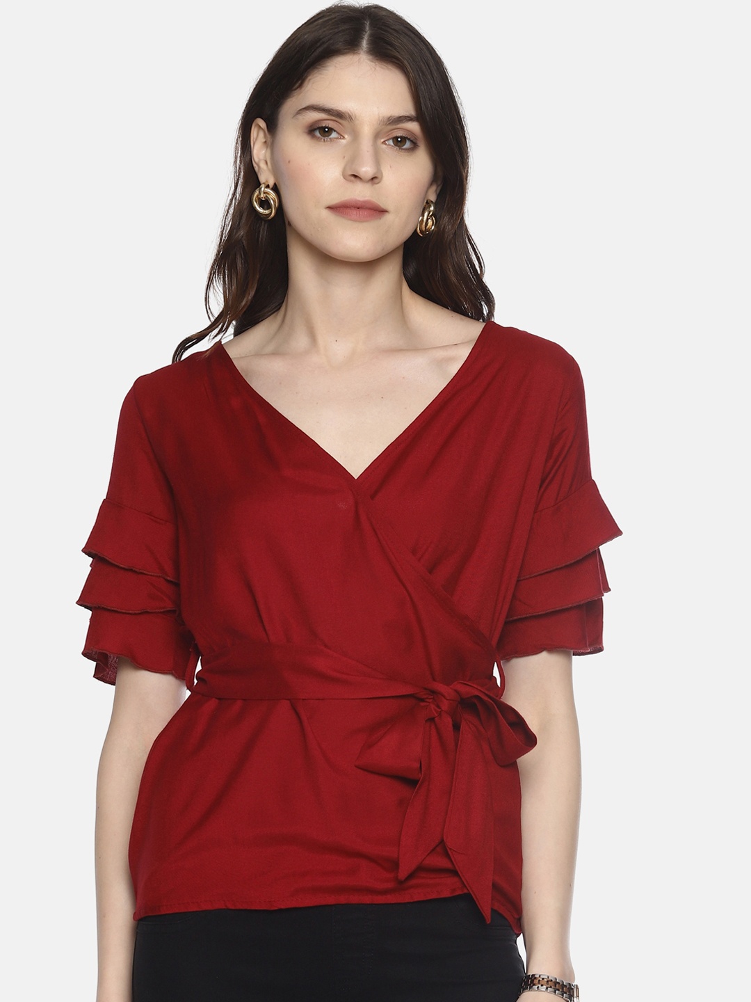 

AARA Women Maroon Solid Cinched Waist Top