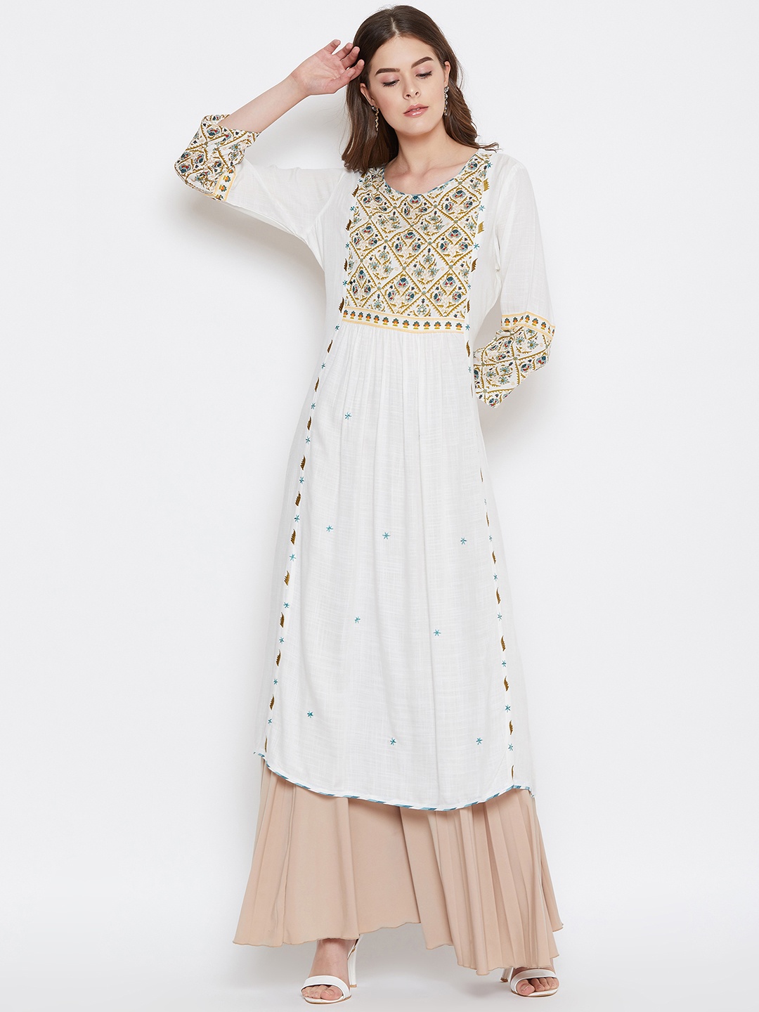 

Prakhya Women White Printed A-Line Kurta