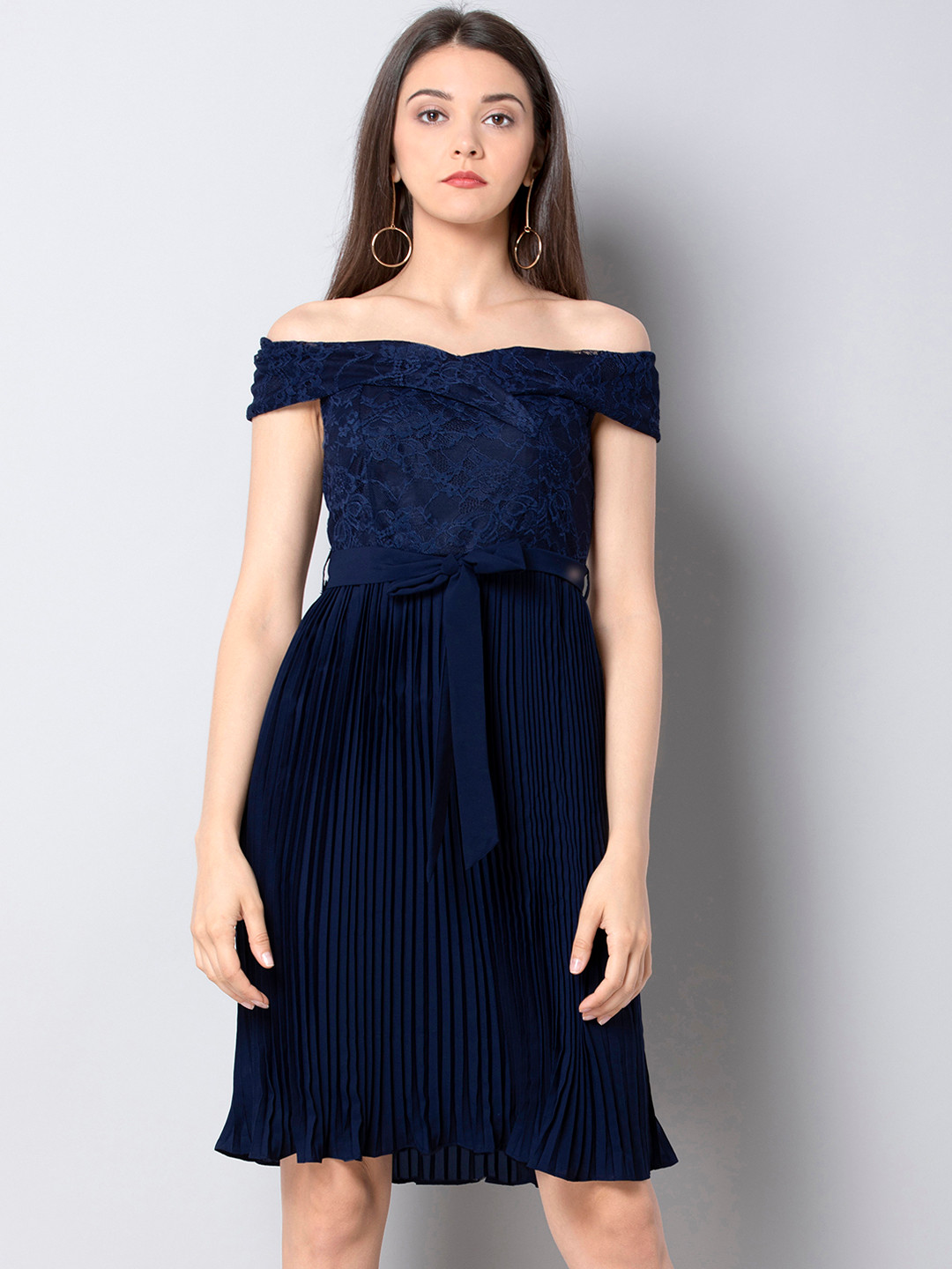 

FabAlley Women Self Design Blue Fit and Flare Dress
