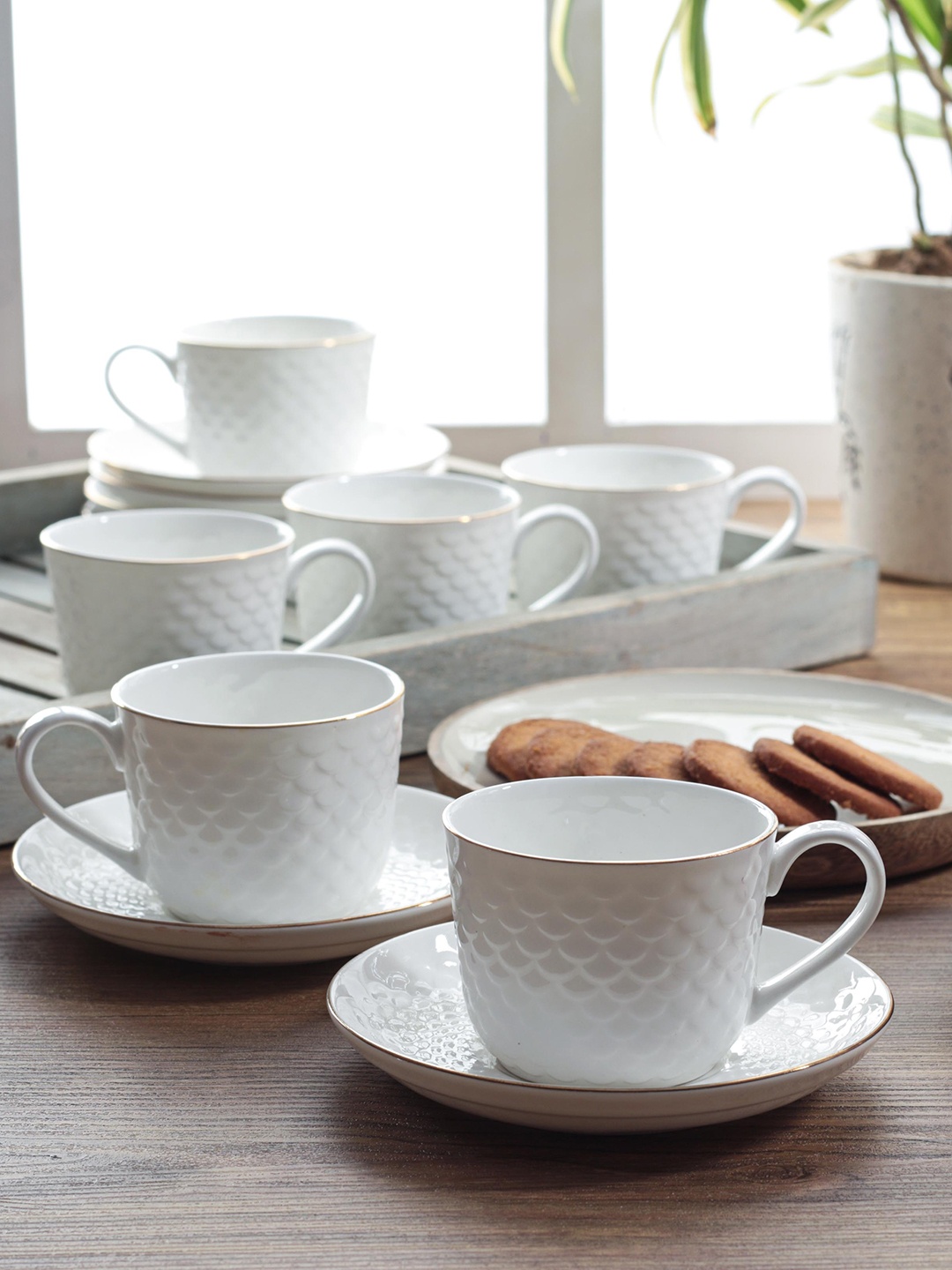 CLAY CRAFT White Set of 6 Bone China Cups and Saucers