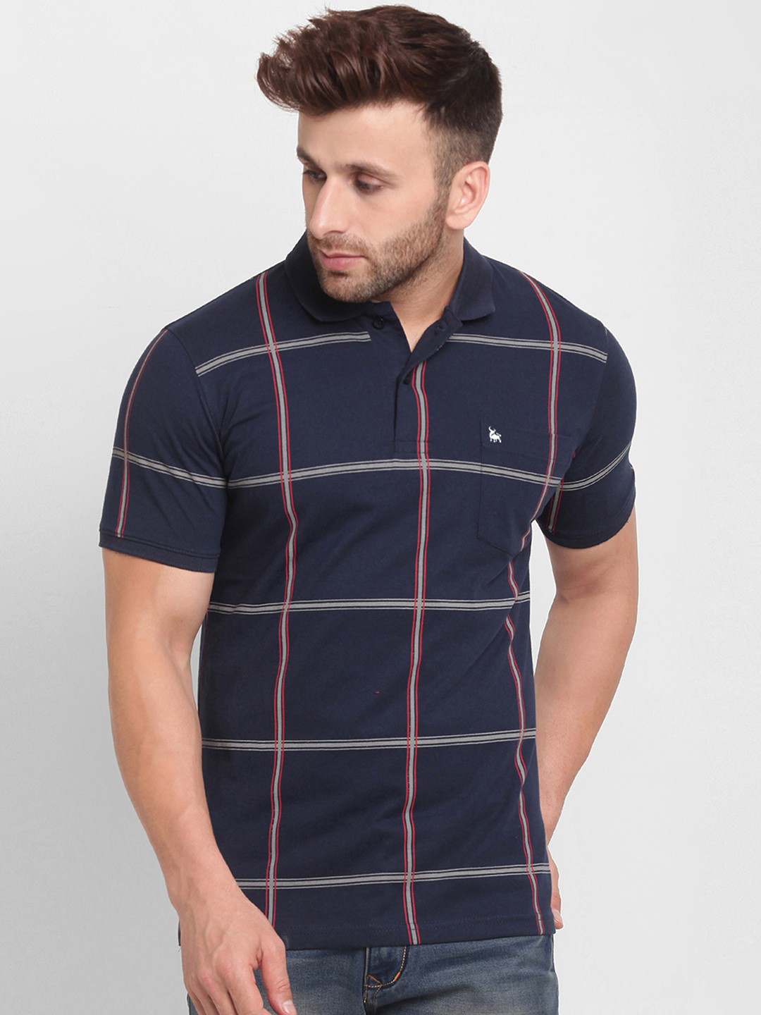 

BULLMER Men Navy Blue Checked Polo Collar T-shirt
