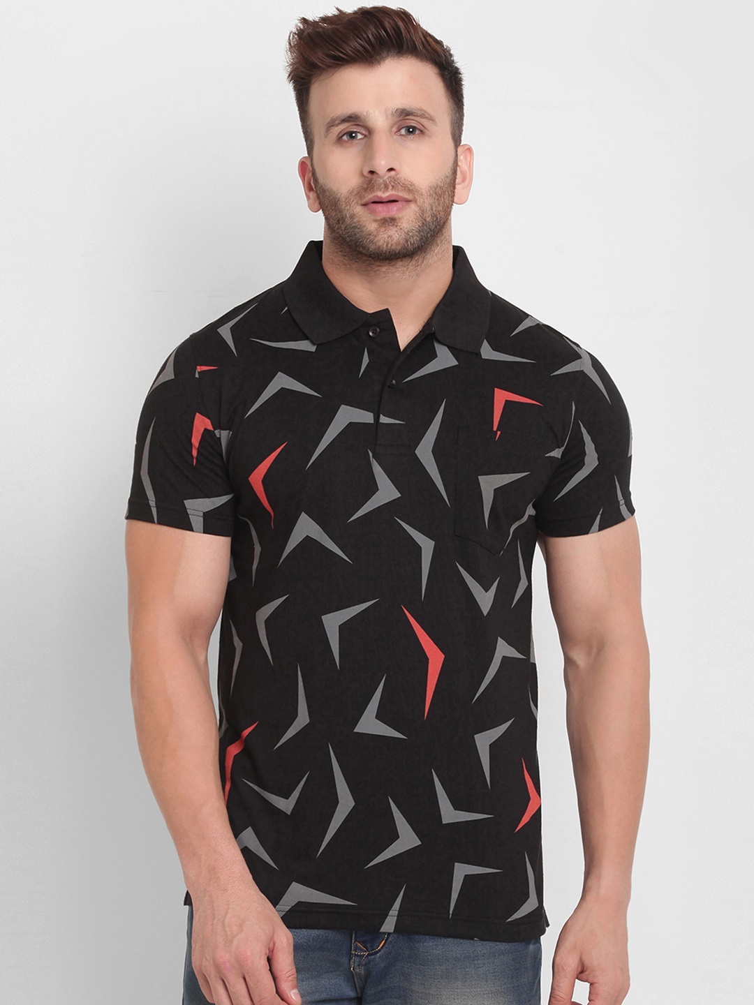 

BULLMER Men Navy Blue & Grey Printed Polo Collar T-shirt