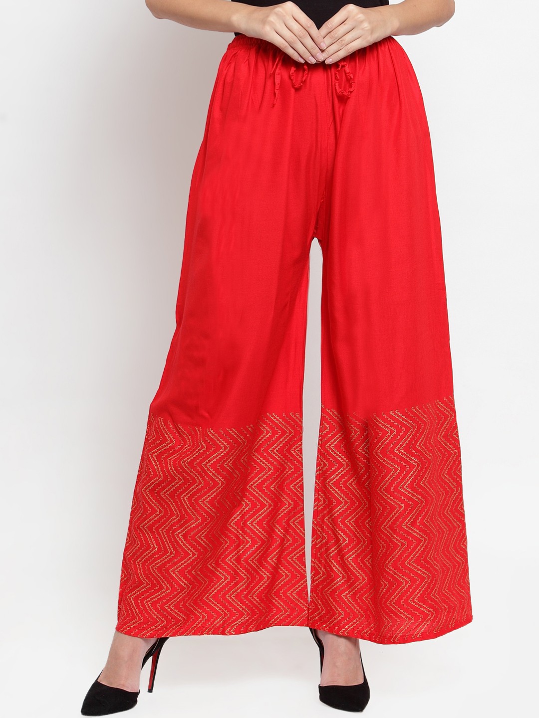 

Clora Creation Women Red Solid Wide Leg Palazzos with Printed Detail
