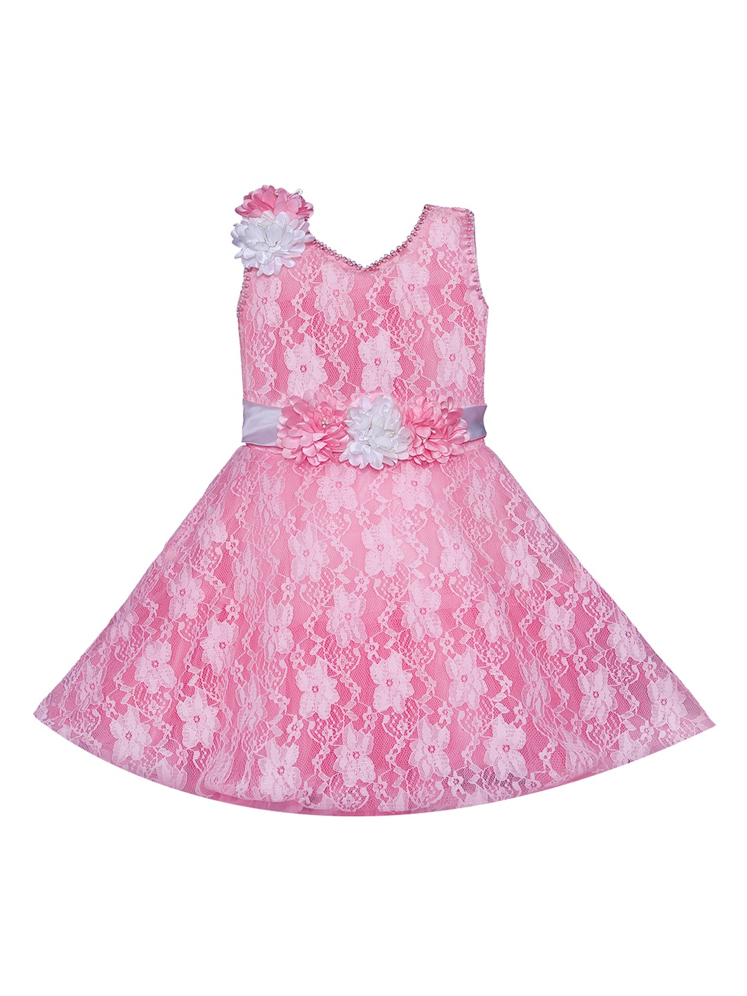 

Wish Karo Girls Self Design Pink Self Design Fit and Flare Dress