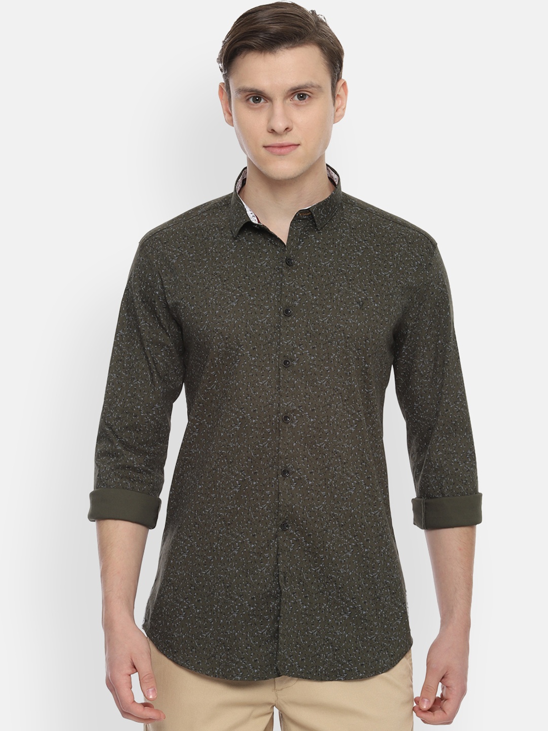 

V Dot Men Olive Green Skinny Fit Printed Casual Shirt