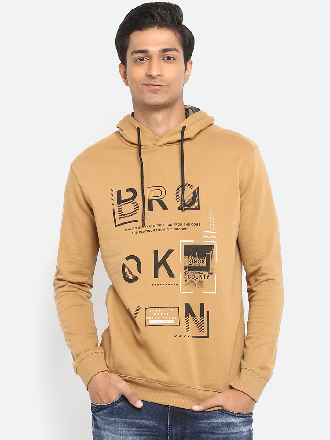 

Mufti Men Khaki Printed Hooded Sweatshirt