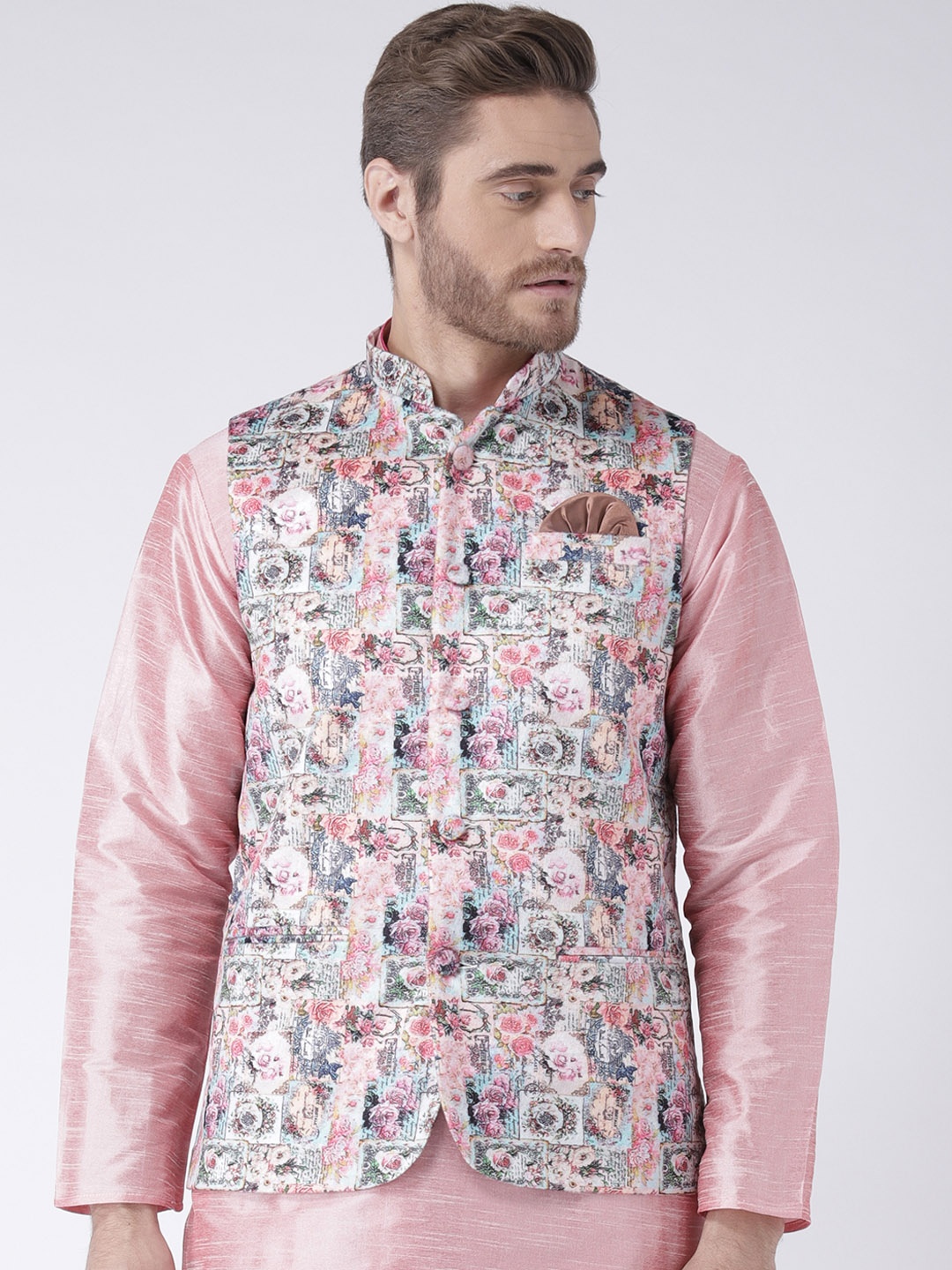

Hangup Men Pink Floral Printed Nehru Jacket With Pocket Square