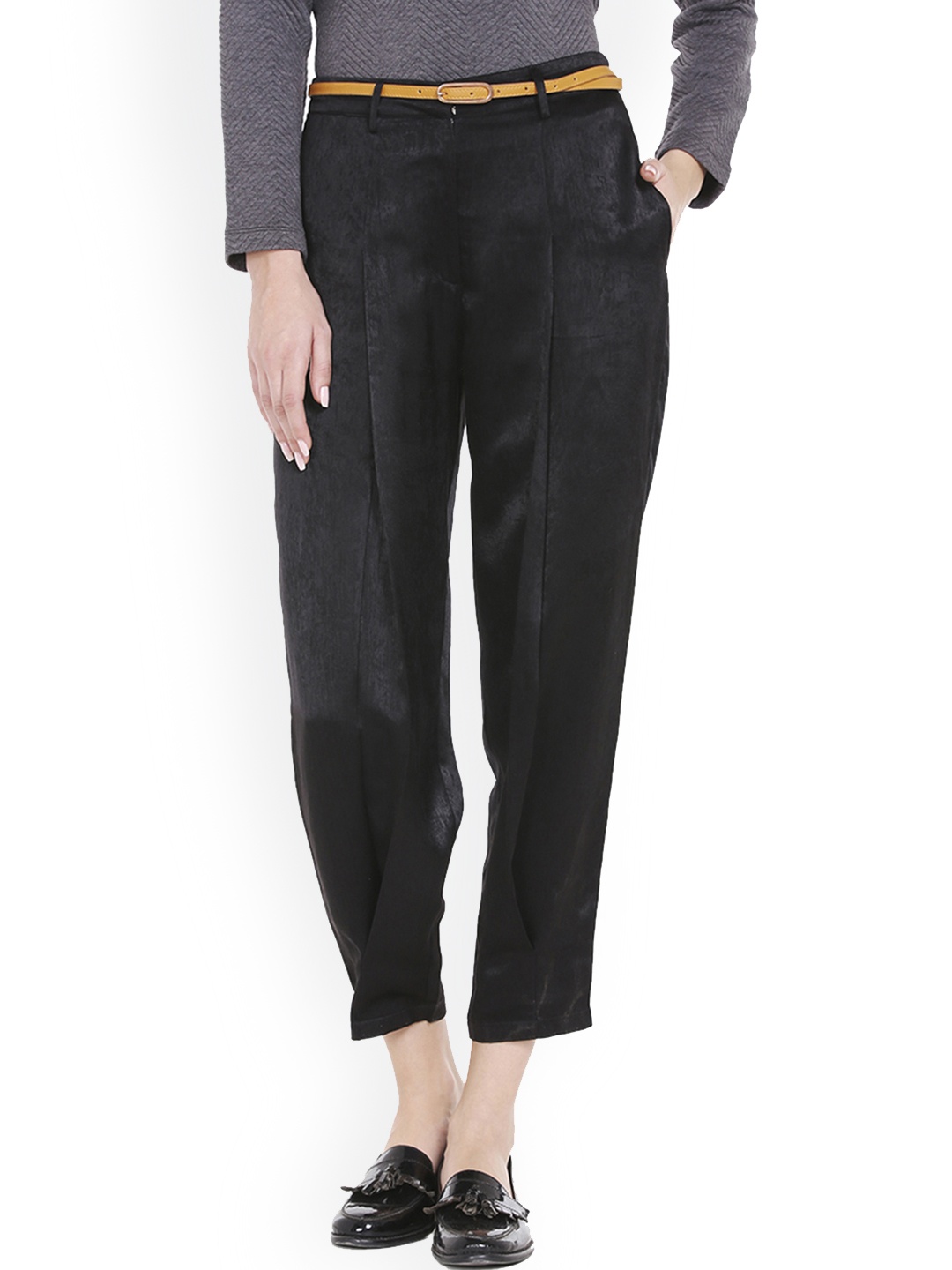 109F Women Black Regular Fit Solid Peg Trousers