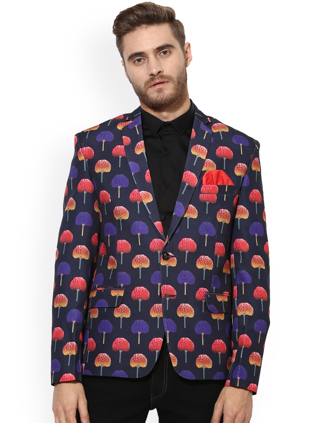 

Hangup Men Navy Blue Printed Single Breasted Regular Fit Casual Blazer