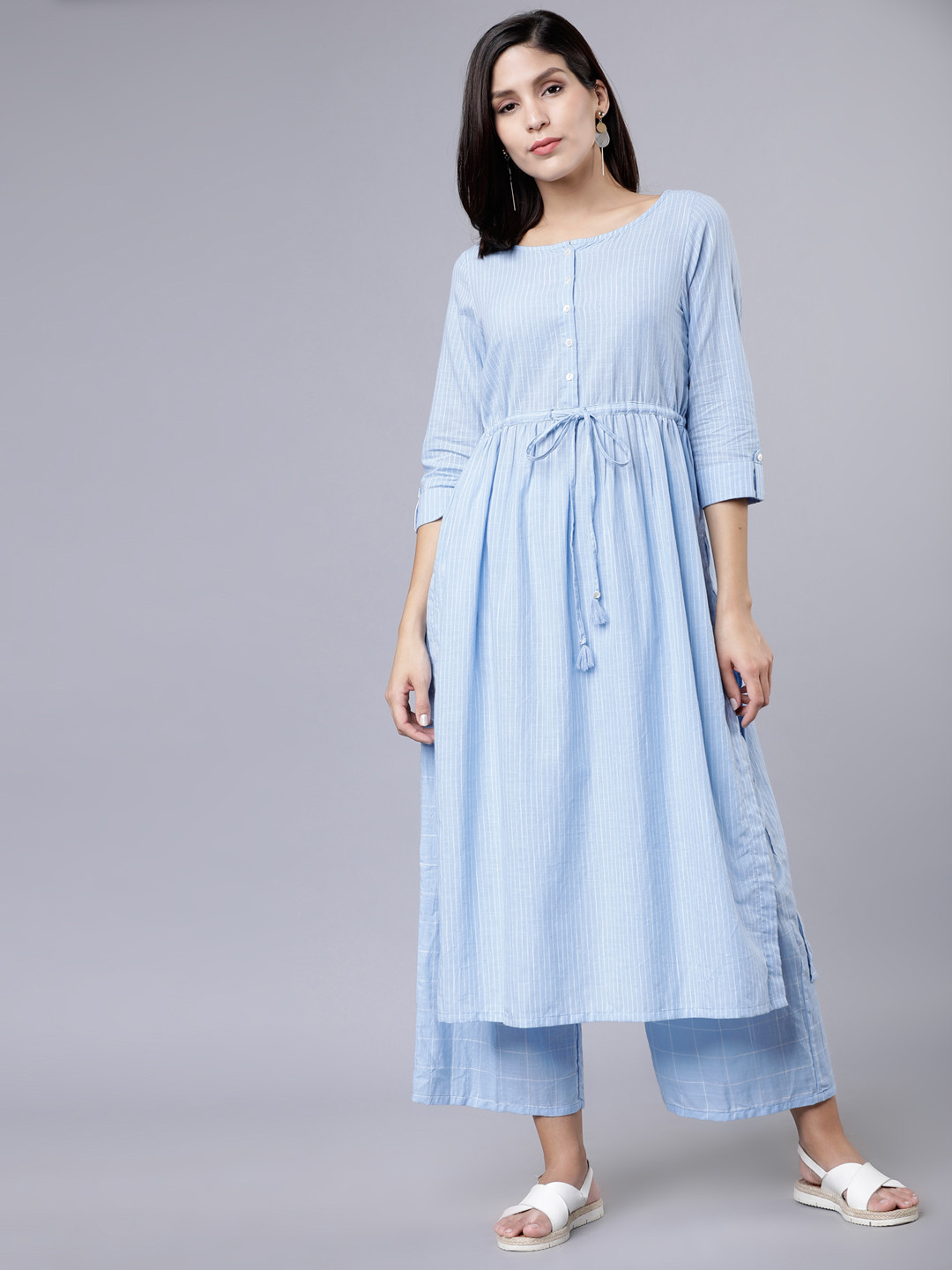 

Vishudh Women Blue & White Striped Anarkali Kurta