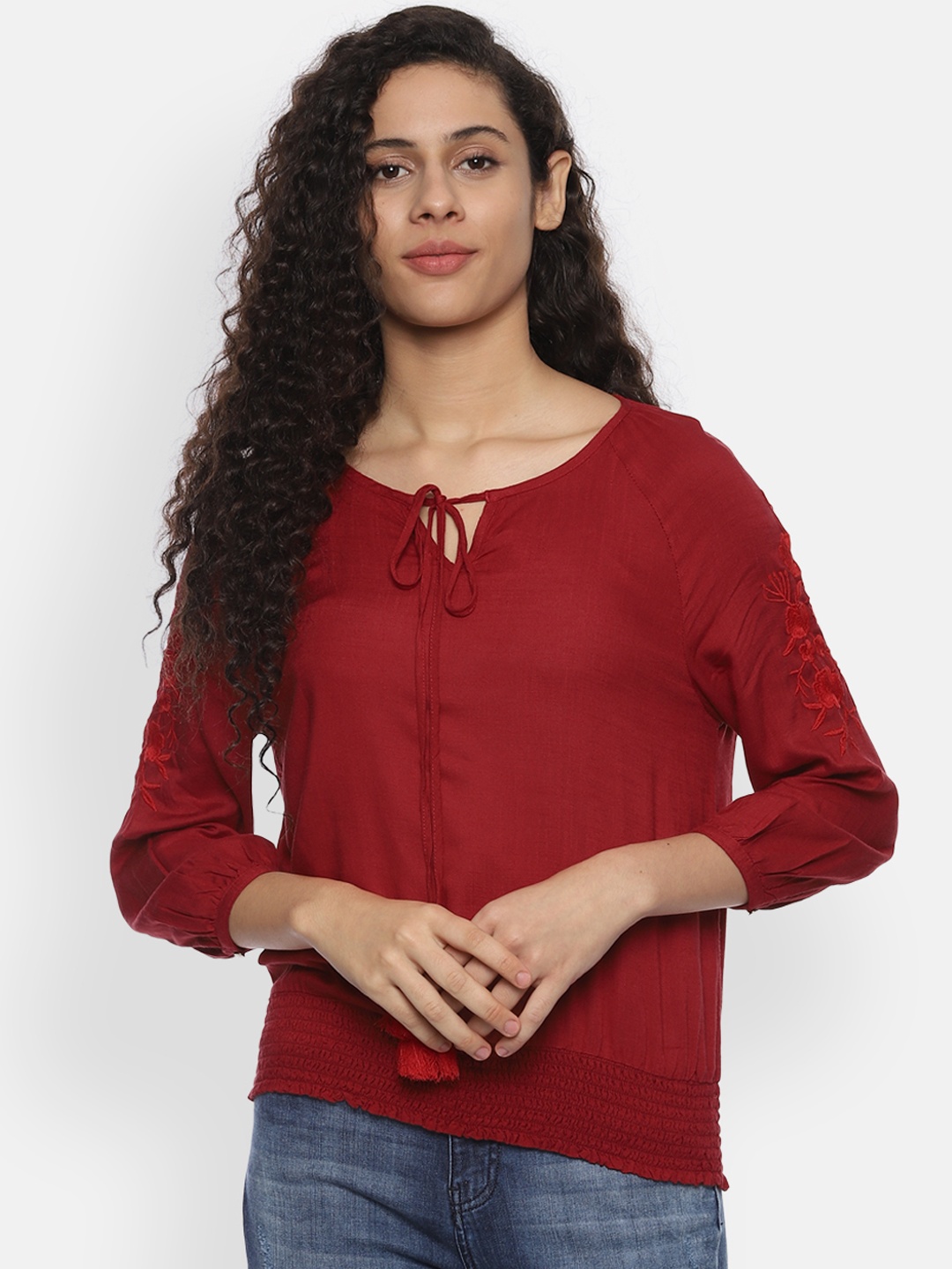 

Van Heusen Women Maroon Solid Blouson Top