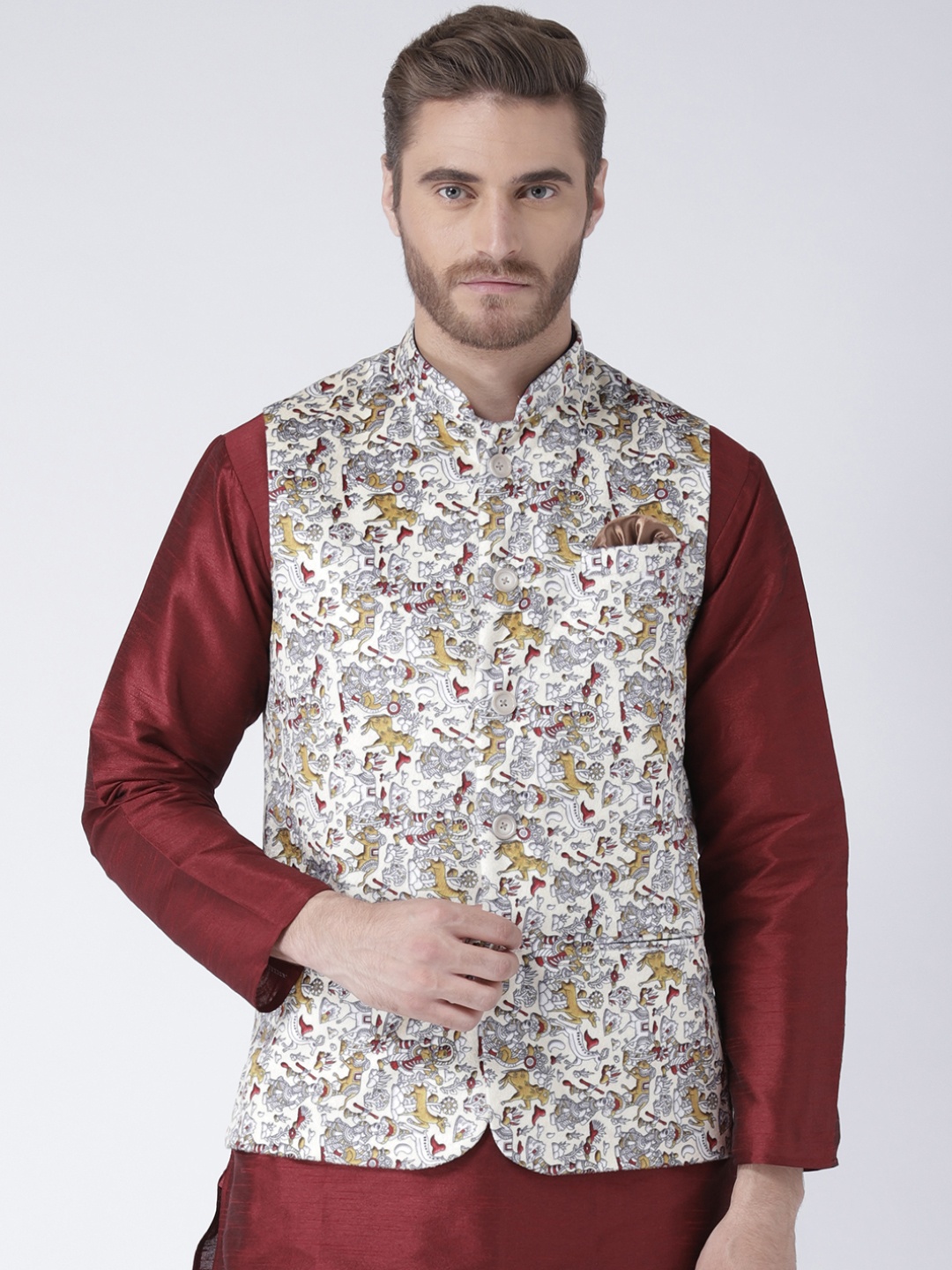 

Hangup Men Multicoloured Printed Nehru Jacket With Pocket Square, Multi
