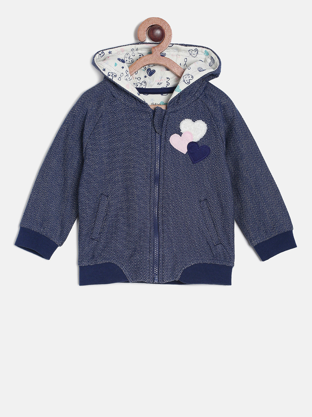 

MINI KLUB Girls Navy Blue Self Design Hooded Sweatshirt