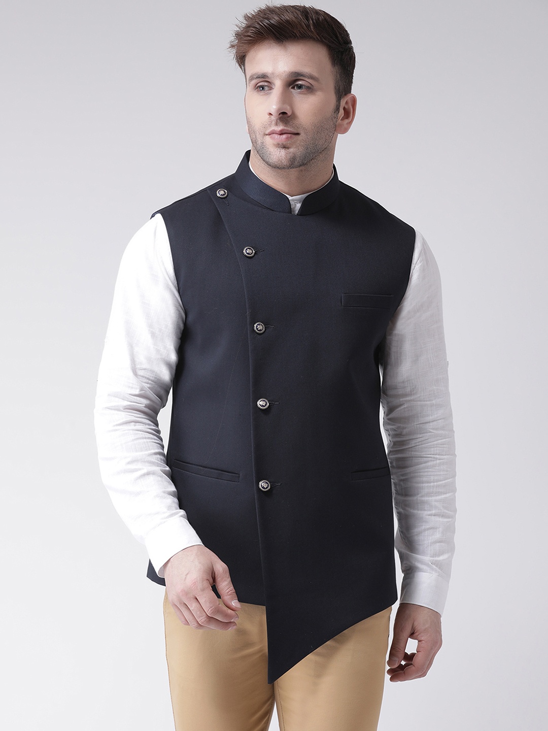 

Hangup Men Black Solid Asymmetrical Nehru Jacket