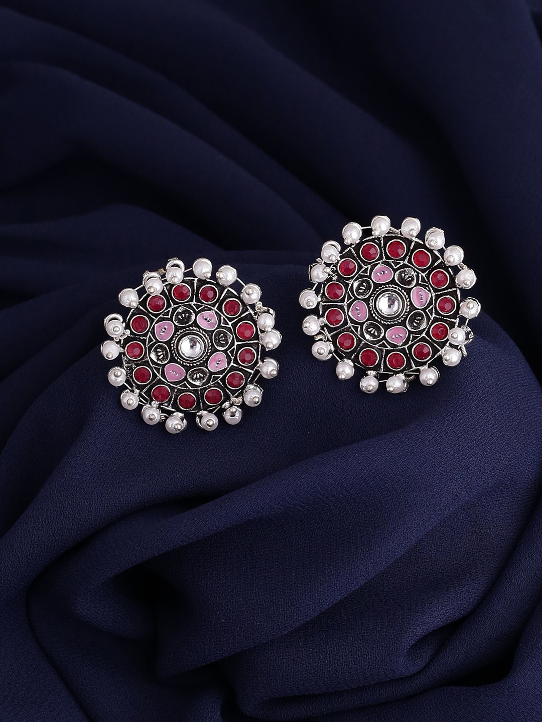 

Voylla Oxidised Silver-Plated White Embellished Circular Studs