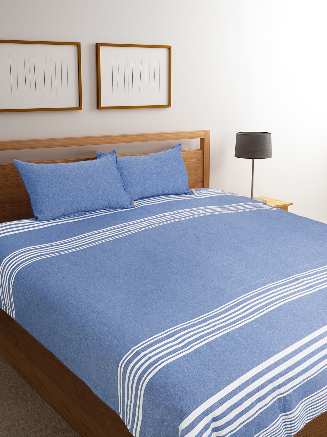 Saral Home Navy Blue Striped 500TC Bed Covers with Two Pillow Covers