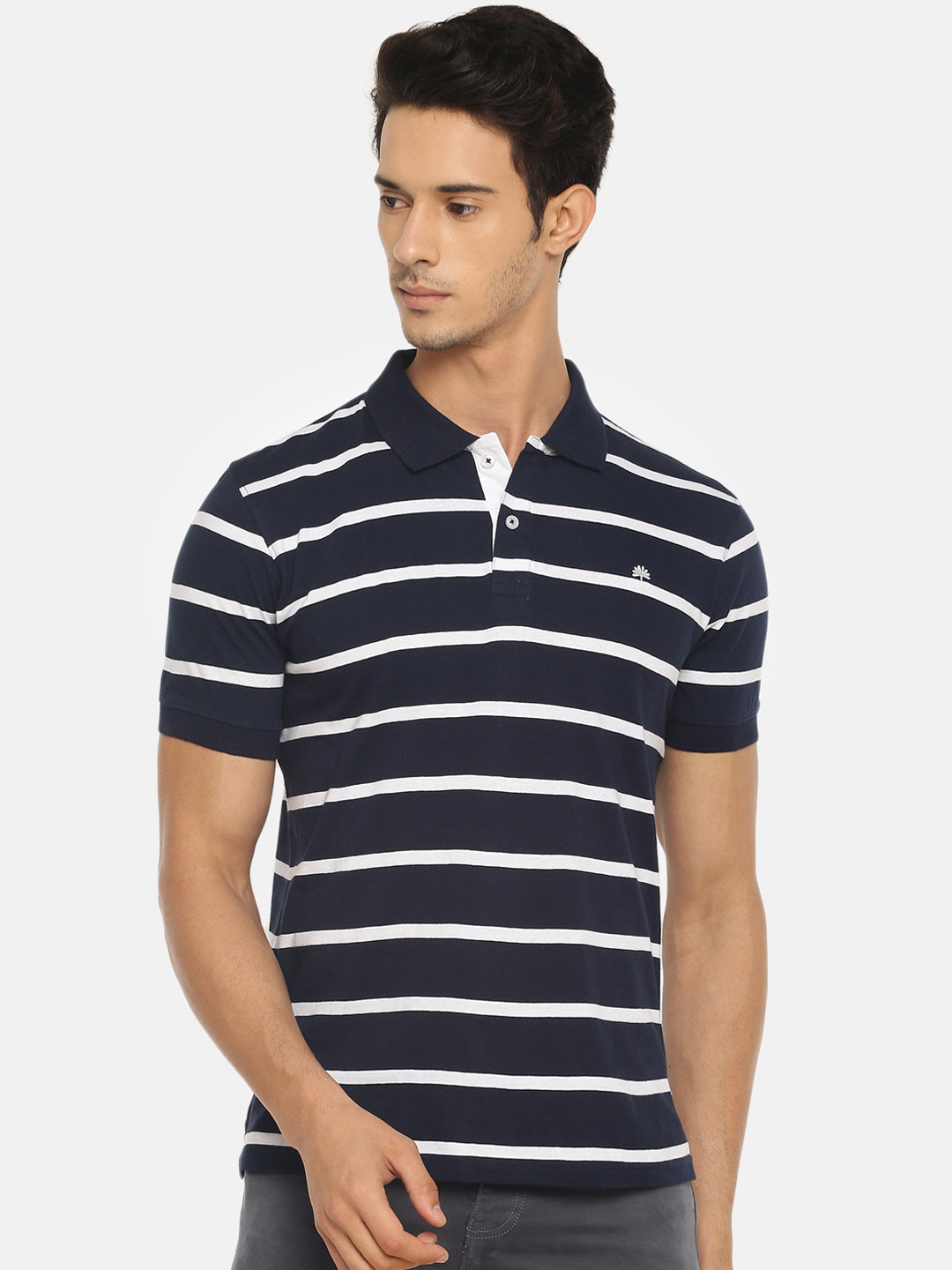 

Chennis Men Navy Blue Striped Polo Collar T-shirt