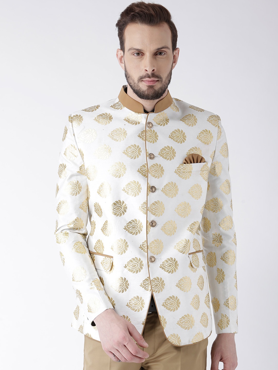 

Hangup Men White & Gold-Toned Printed Regular Fit Bandhgala Blazer