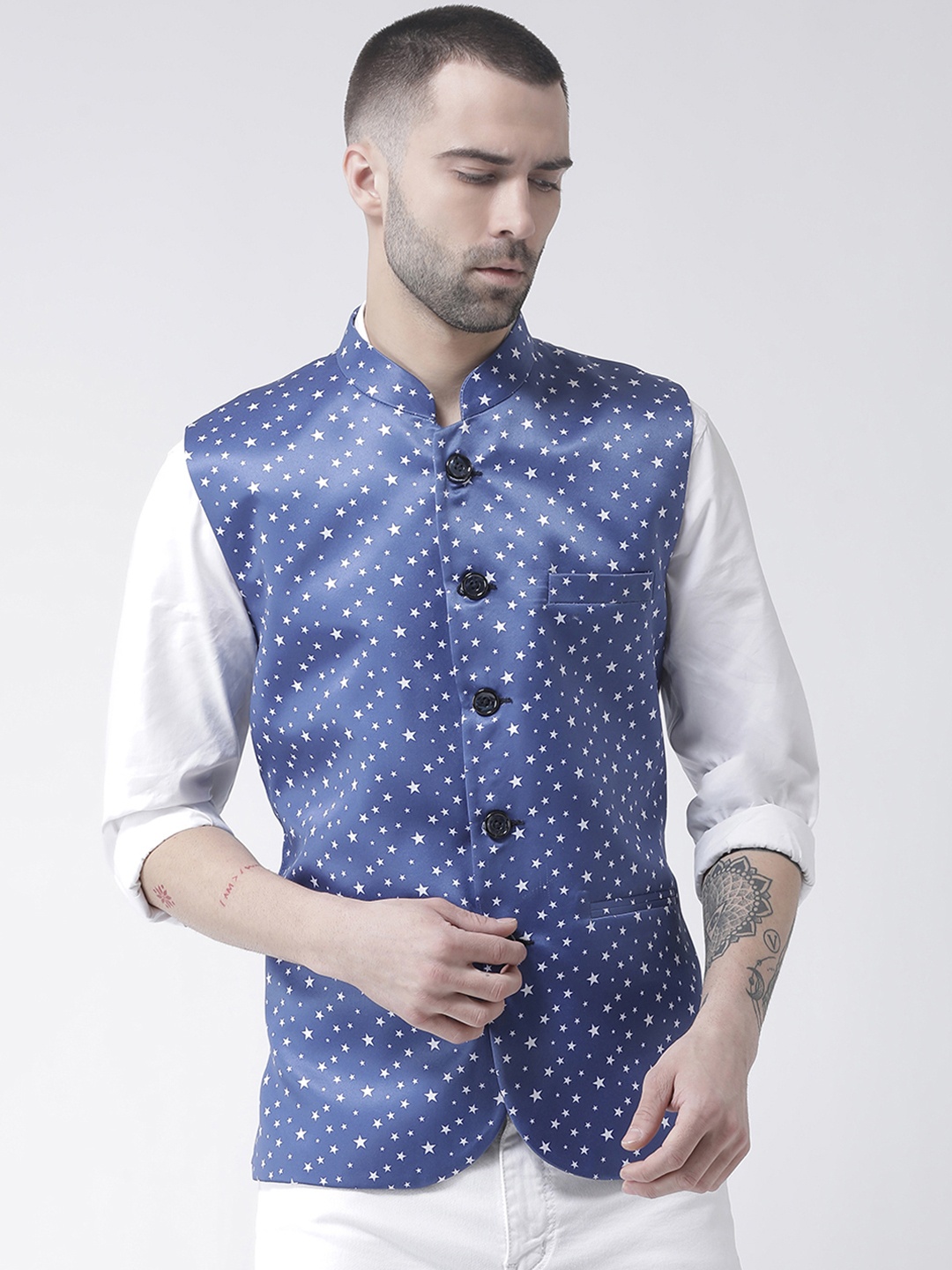 

Hangup Men Blue & White-Star Printed Nehru Jacket