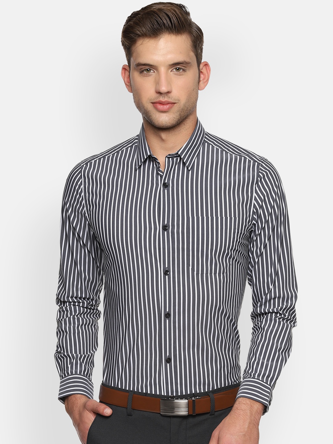 

Louis Philippe Men Grey & White Slim Fit Striped Formal Shirt
