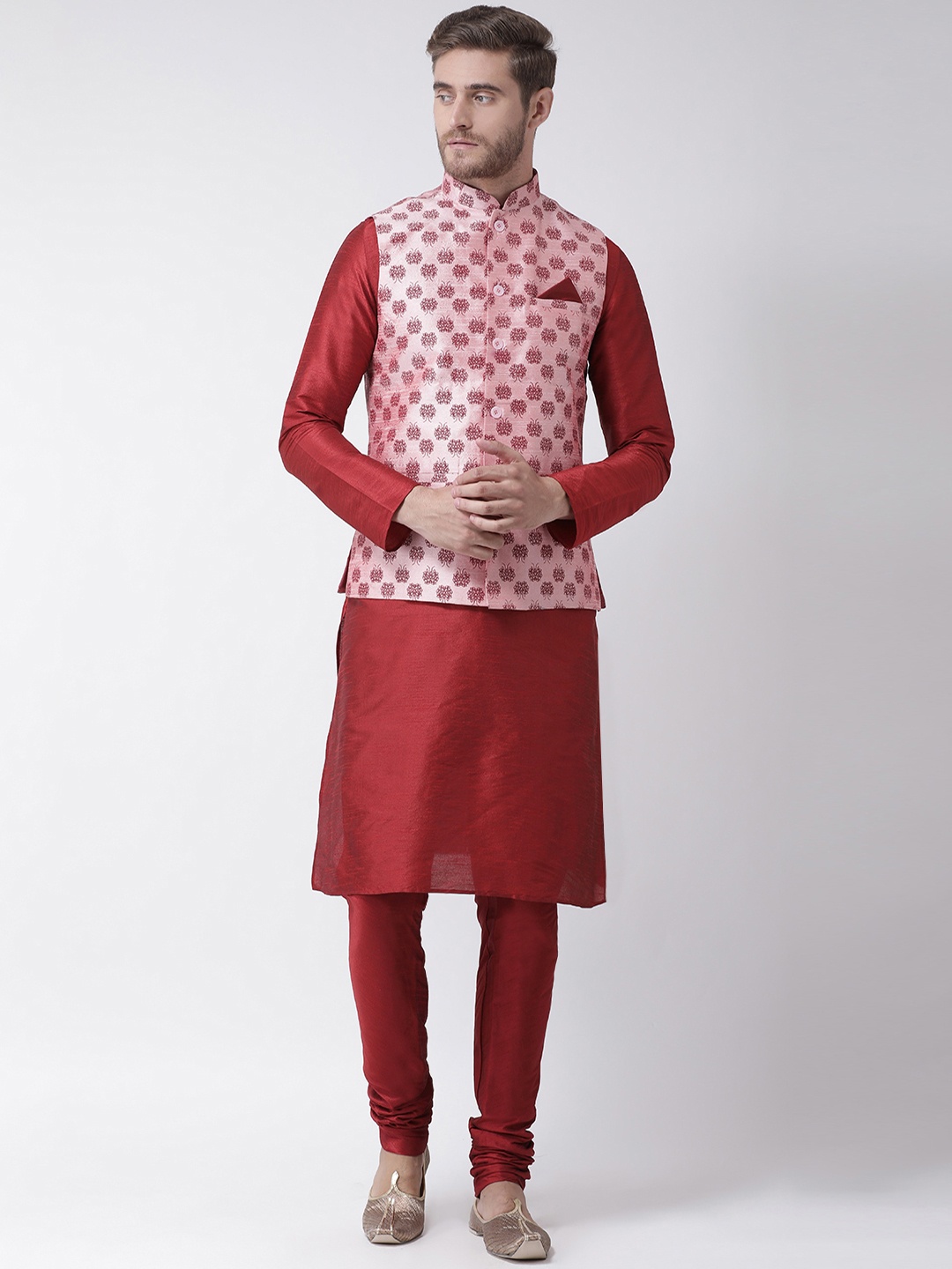 DEYANN Men Pink & Red Printed Kurta Set