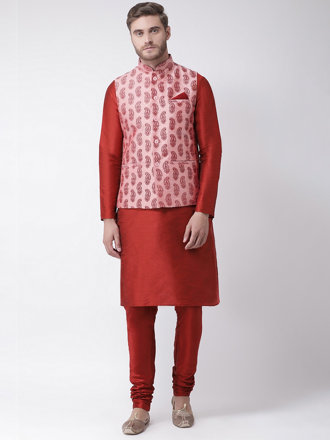 

DEYANN Men Pink & Red Printed Kurta Set